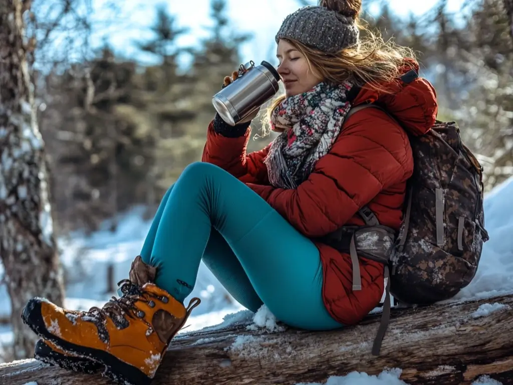 A hiker in a puffer jacket and thermal leggings sitting on a log in the snow, sipping from a thermos, surrounded by a snowy landscape.