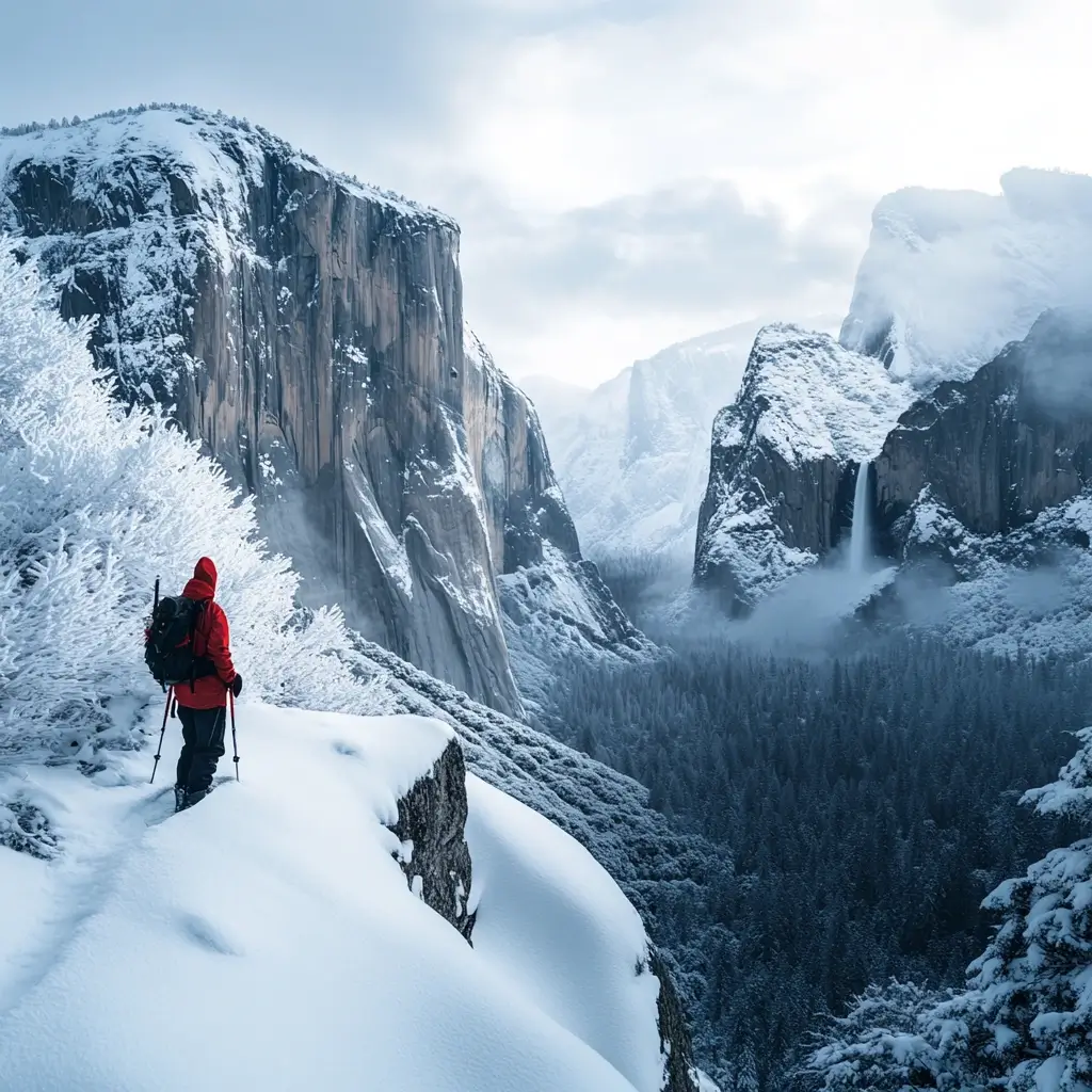 A breathtaking winter landscape in Yosemite National Park, featuring snow-covered granite cliffs, a partially frozen waterfall, and a hiker in warm winter gear admiring the view. Snowy National Parks