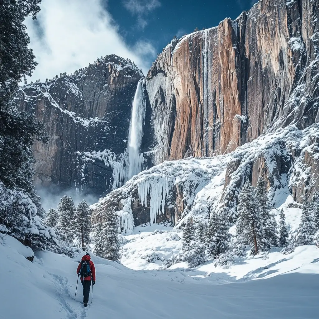 A breathtaking winter landscape in Yosemite National Park, featuring snow-covered granite cliffs, a partially frozen waterfall, and a hiker in warm winter gear admiring the view. Snowy National Parks
