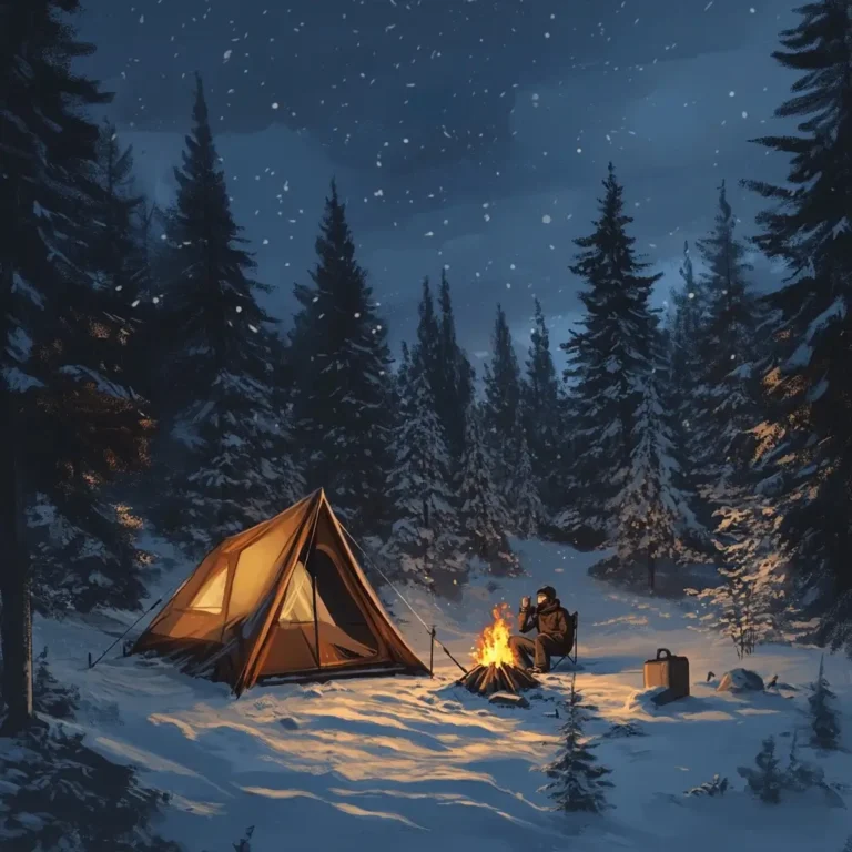 A glowing tent and campfire in a snow-covered forest with a camper wrapped in a blanket, enjoying a warm drink under the winter sky.