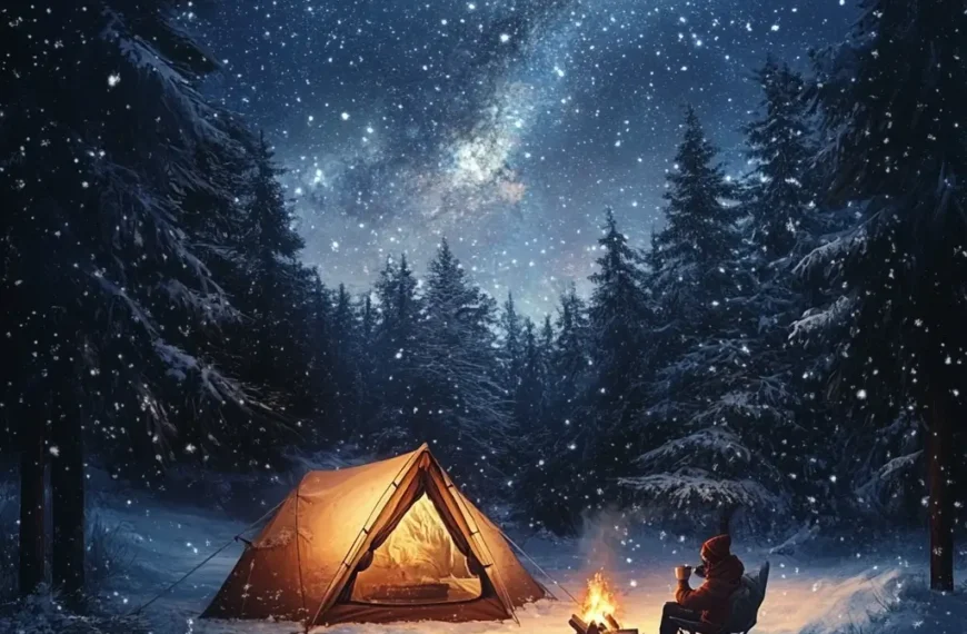 A glowing tent and campfire in a snowy forest with a camper in warm layers enjoying a hot drink under a starry winter sky. Winter Camping
