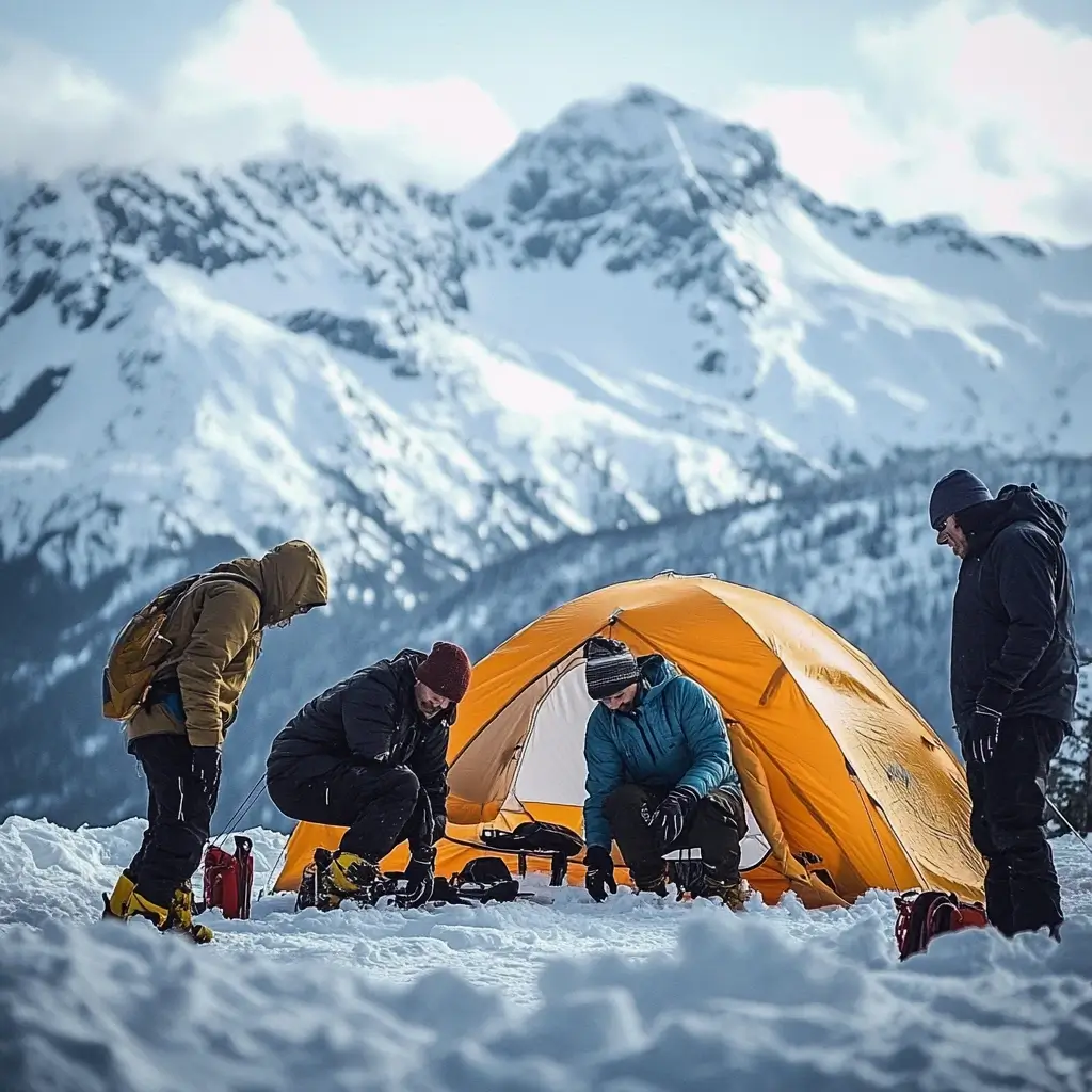 A group of campers in warm winter gear setting up a four-season tent in deep snow, surrounded by snowy mountains.