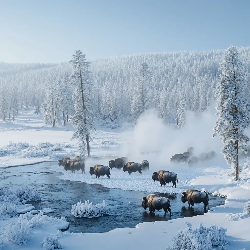 A herd of bison covered in frost moving through the steaming geothermal pools of Yellowstone National Park, with a backdrop of snow-covered pine trees. Snowy National Parks
