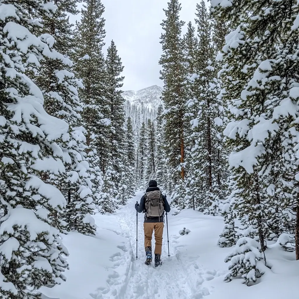A hiker in an insulated jacket and snow boots trekking through a snowy trail in Rocky Mountain National Park, surrounded by tall pine trees. Winter Hiking Destinations