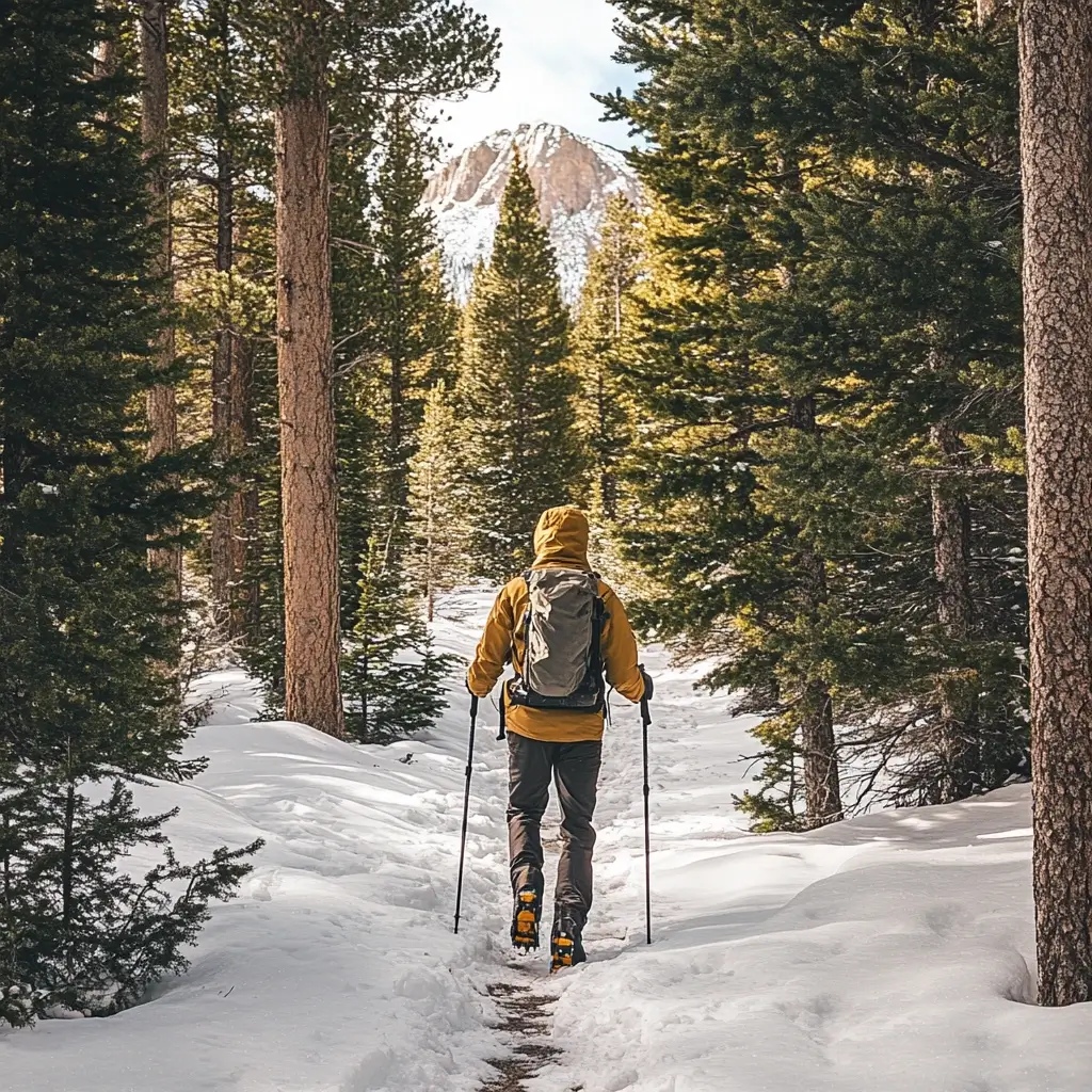 A hiker in an insulated jacket and snow boots trekking through a snowy trail in Rocky Mountain National Park, surrounded by tall pine trees. Winter Hiking Destinations
