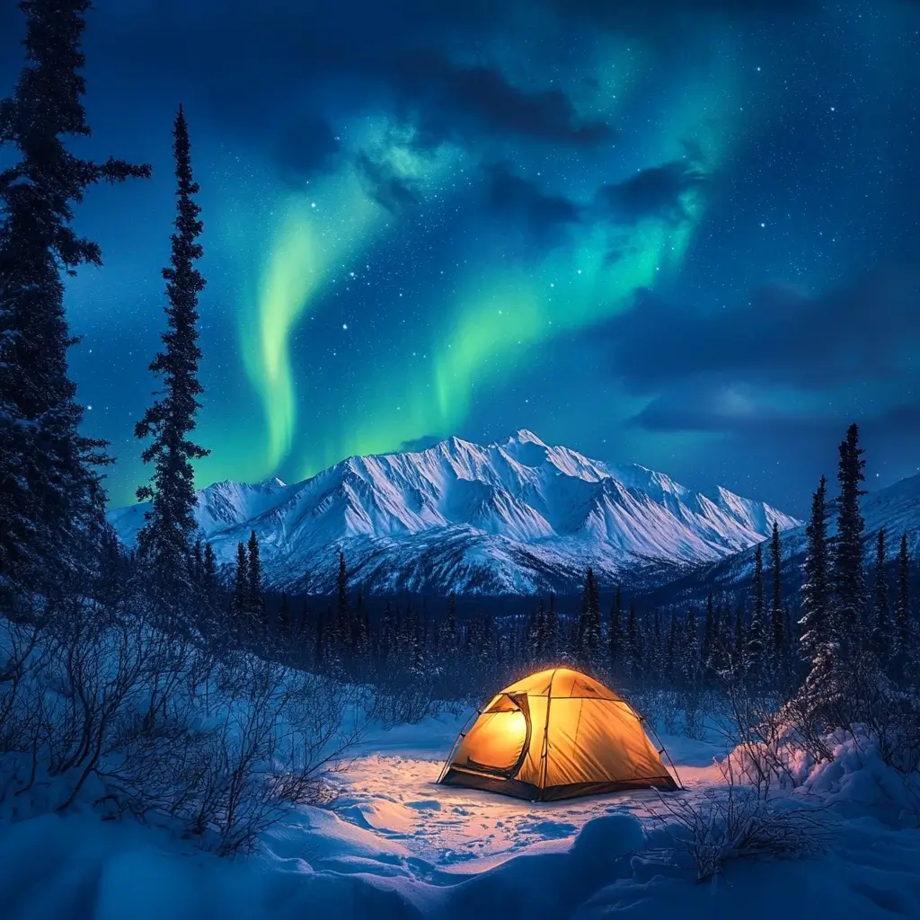 A glowing tent in the snow under the northern lights, with Denali’s snowy peaks in the background. Snowy National Parks