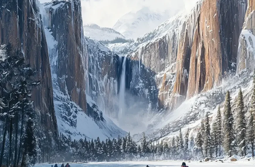 A breathtaking winter view of Yosemite National Park, featuring snow-covered cliffs, frozen waterfalls, and hikers exploring the trail in insulated gear. Winter Hiking Destinations