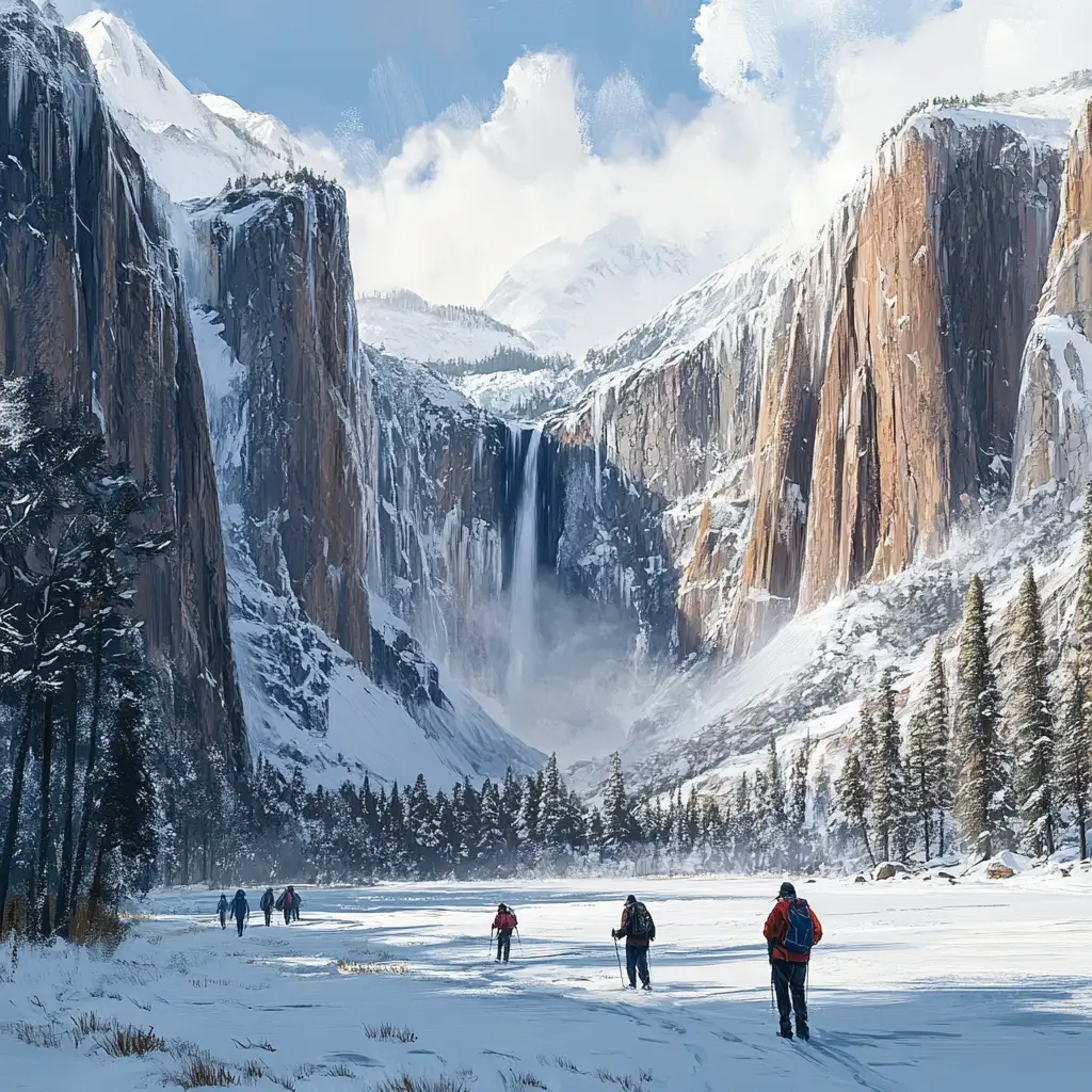 A breathtaking winter view of Yosemite National Park, featuring snow-covered cliffs, frozen waterfalls, and hikers exploring the trail in insulated gear. Winter Hiking Destinations