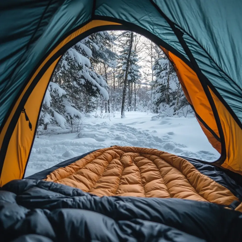 A warm, insulated sleeping bag inside a tent with a snowy forest visible through the tent opening.