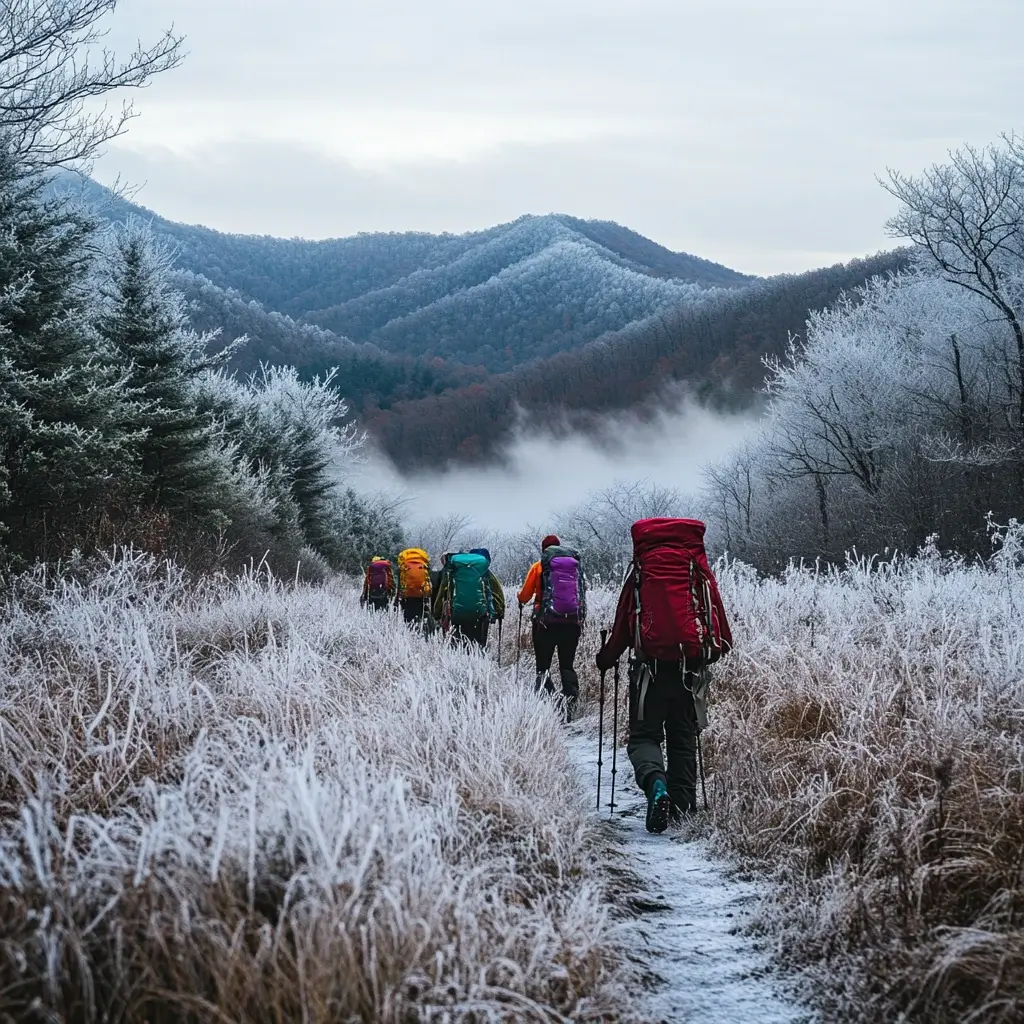 A group of hikers in colorful winter hiking outfits trekking through a snowy path in the Great Smoky Mountains, with misty peaks in the background. Winter Hiking Destinations