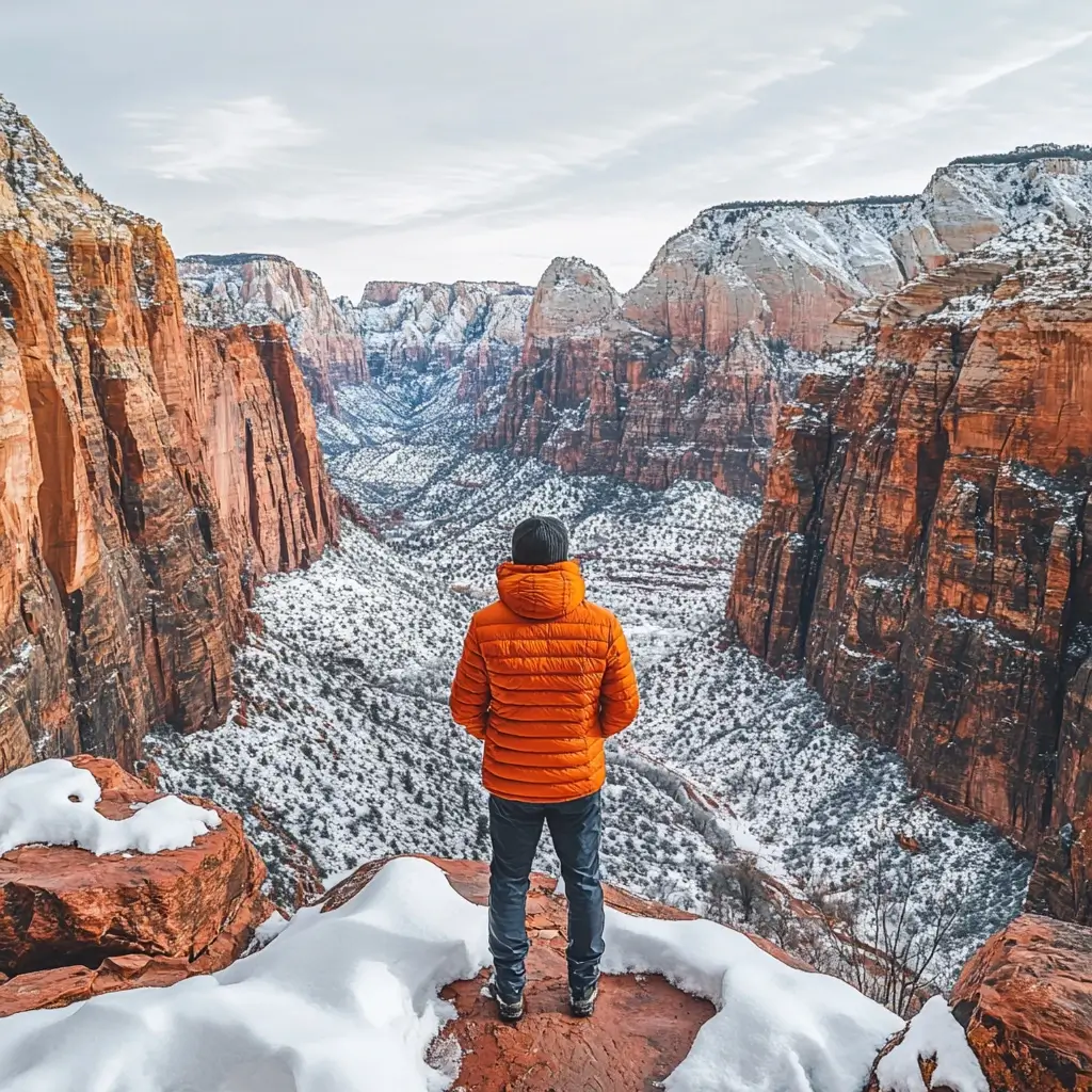 A hiker in a warm puffer jacket standing at the edge of a snow-covered canyon in Zion National Park, gazing at the red rock formations. Winter Hiking Destinations
