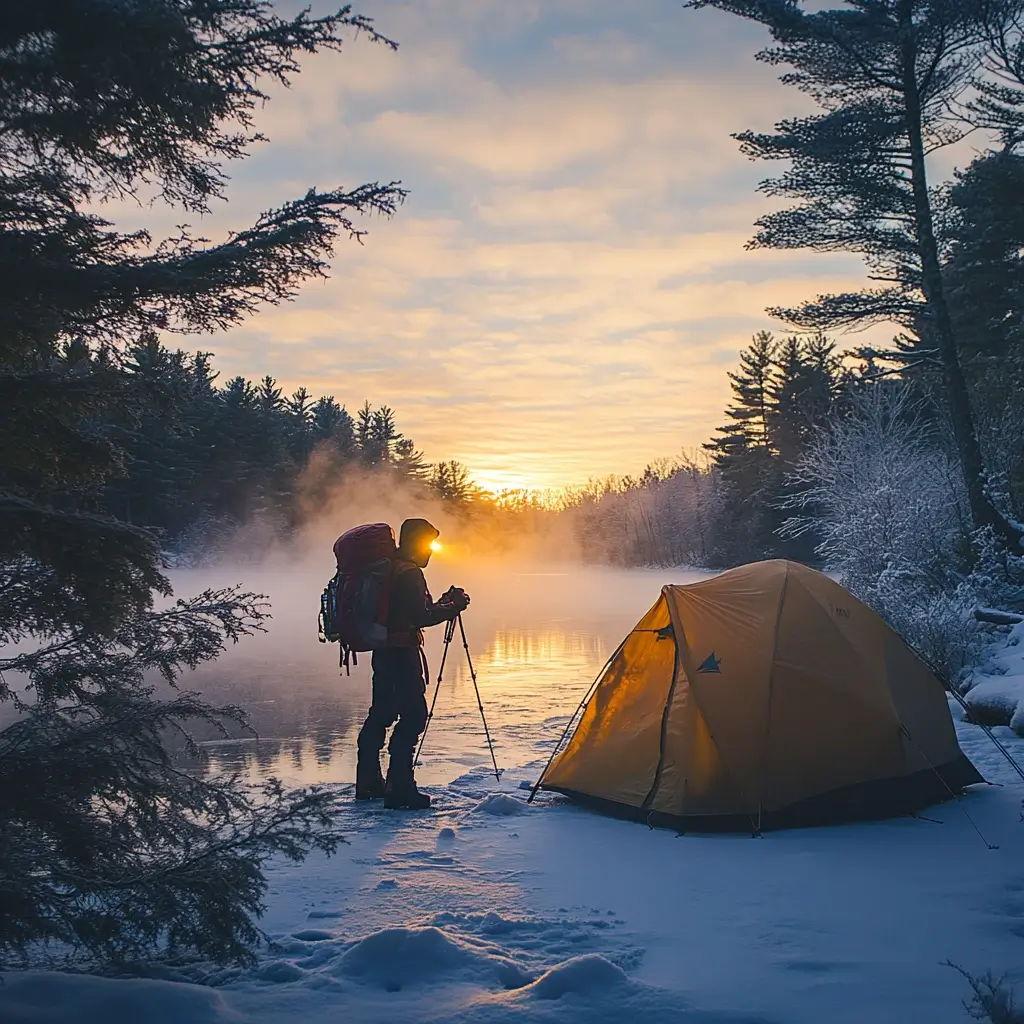 A winter camper standing next to a tent at sunrise, overlooking a frozen lake with frost-covered trees in the background.