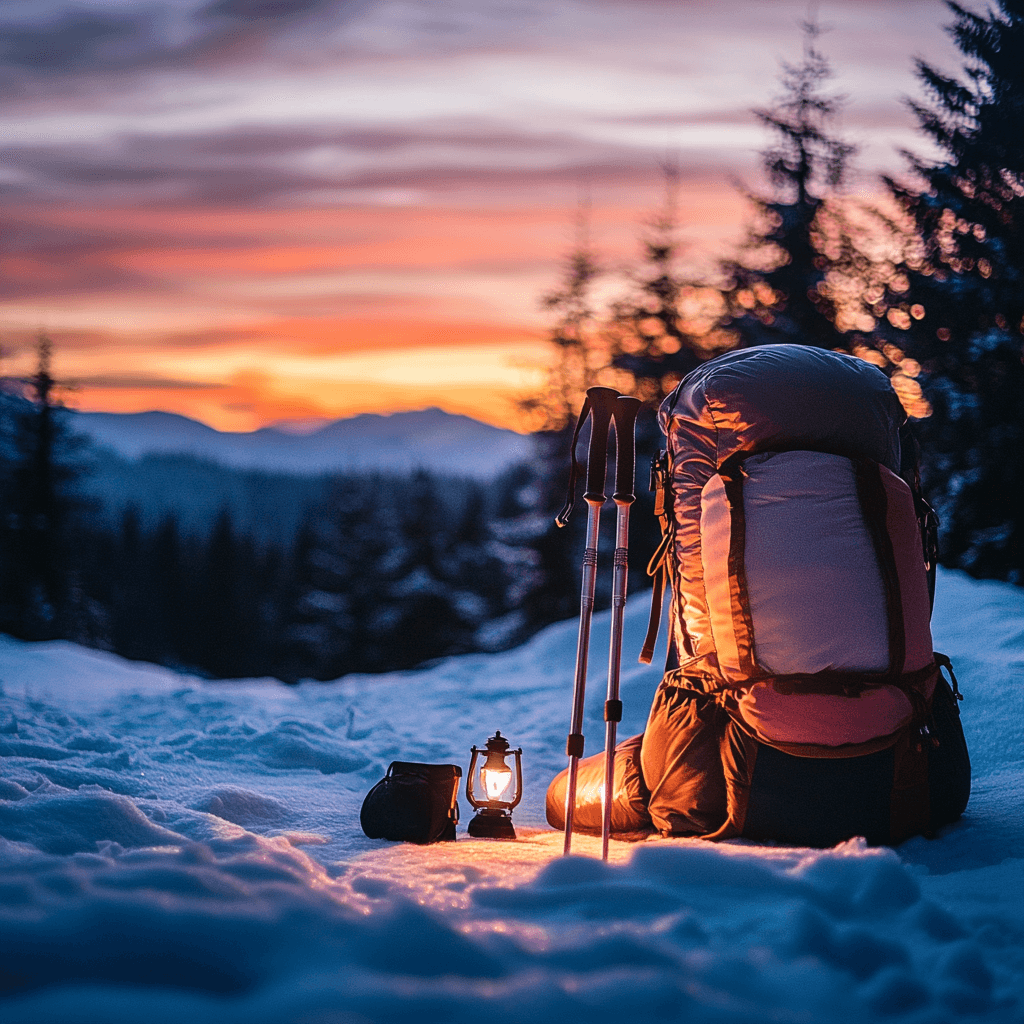 A winter camping backpack with essential gear resting on a snowy trail at sunset, with a sleeping bag, insulated jacket, and trekking poles visible. Winter Camping