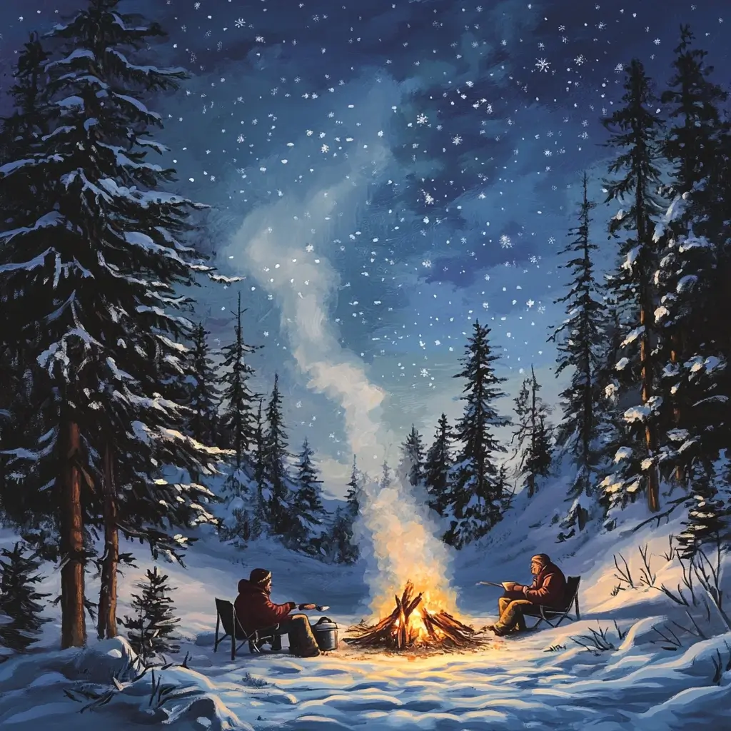 Campers cooking over a portable stove with steam rising from their meal, surrounded by snow-covered pine trees under a starry winter night.