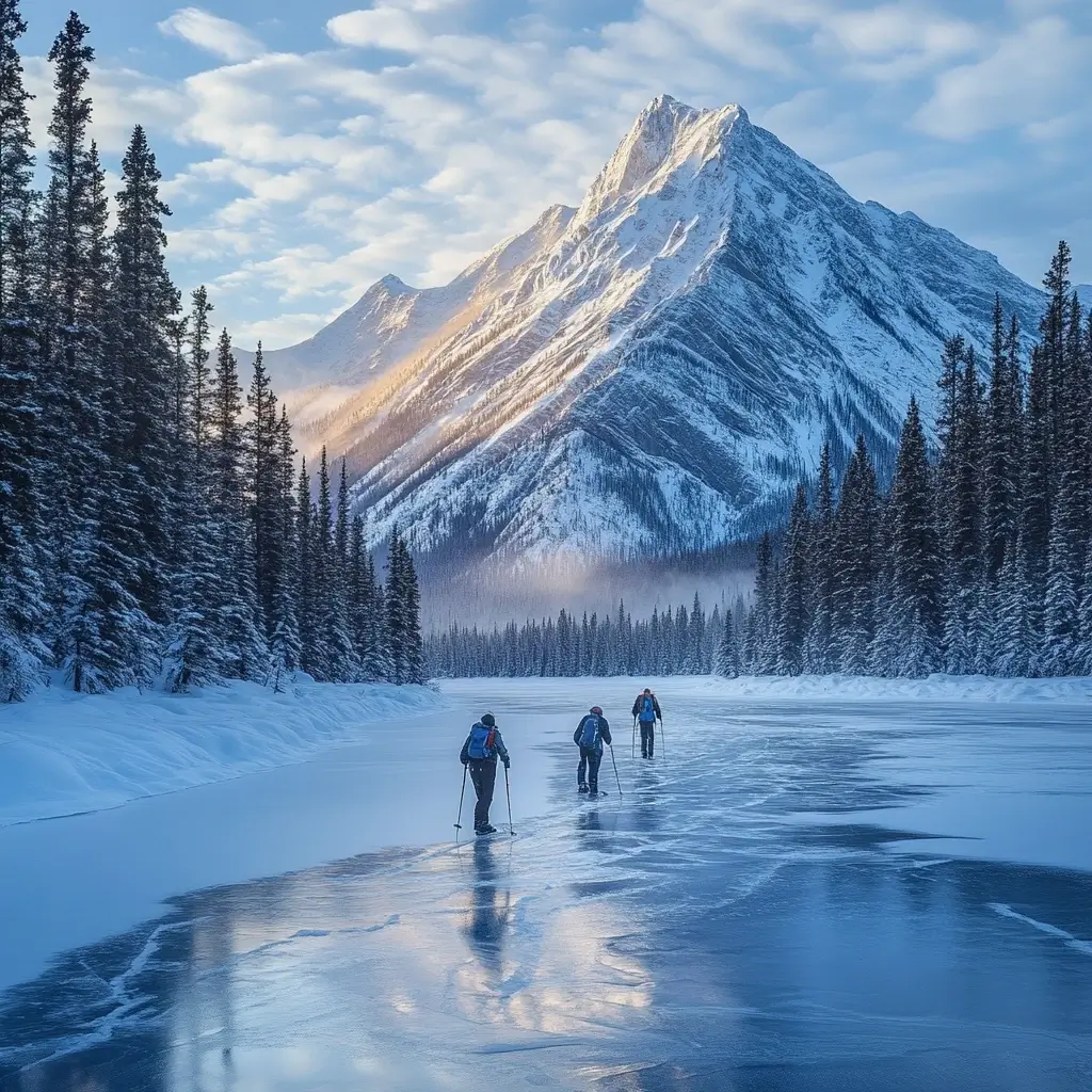 A stunning winter sunrise over a frozen lake in Banff National Park, with hikers trekking along the icy shoreline, framed by snowy peaks and evergreen trees. Winter Hiking Destinations