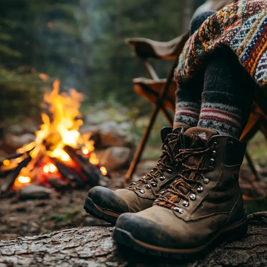 A close-up of hiking boots and wool socks resting by a campfire, with a cozy camping blanket nearby, capturing the warmth of outdoor adventures. camping outfits