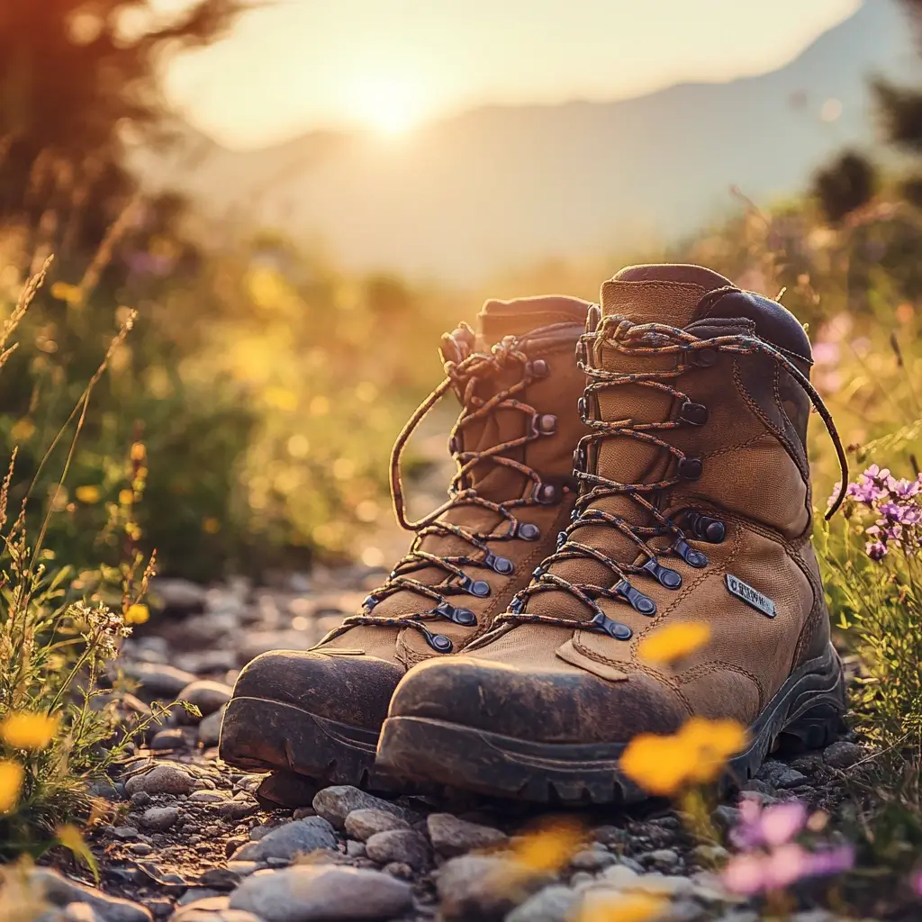 A pair of hiking boots on a sunlit summer trail, surrounded by wildflowers and pebbles, capturing the essence of an adventurous summer hike.