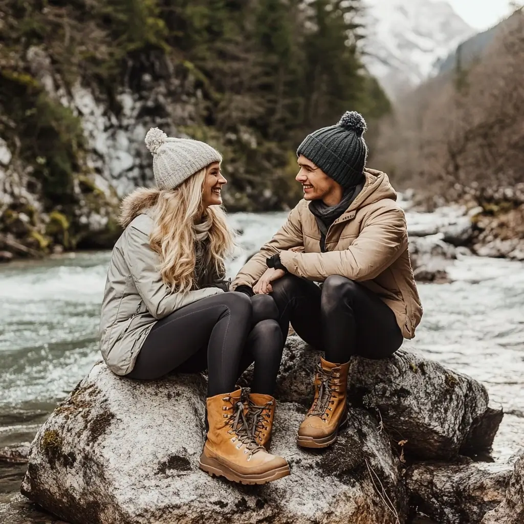 A couple sitting on a rock by a river, dressed in trendy hiking boots outfits—hiking leggings, insulated jackets, and waterproof hiking boots—enjoying the fresh air and nature.