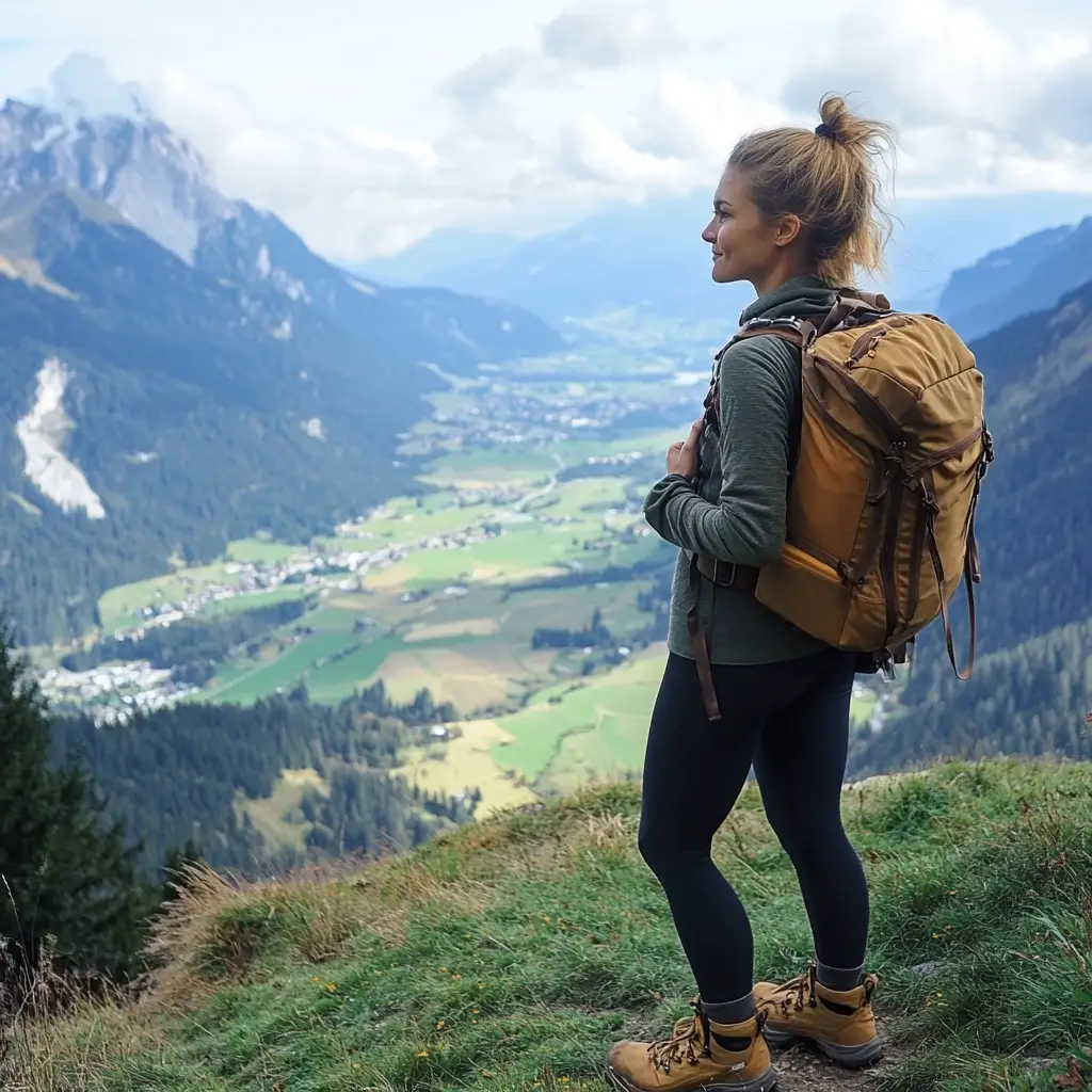 A woman in a stylish hiking boots outfit, featuring leggings, a fleece jacket, and sturdy boots, standing on a scenic mountain trail with a valley view.