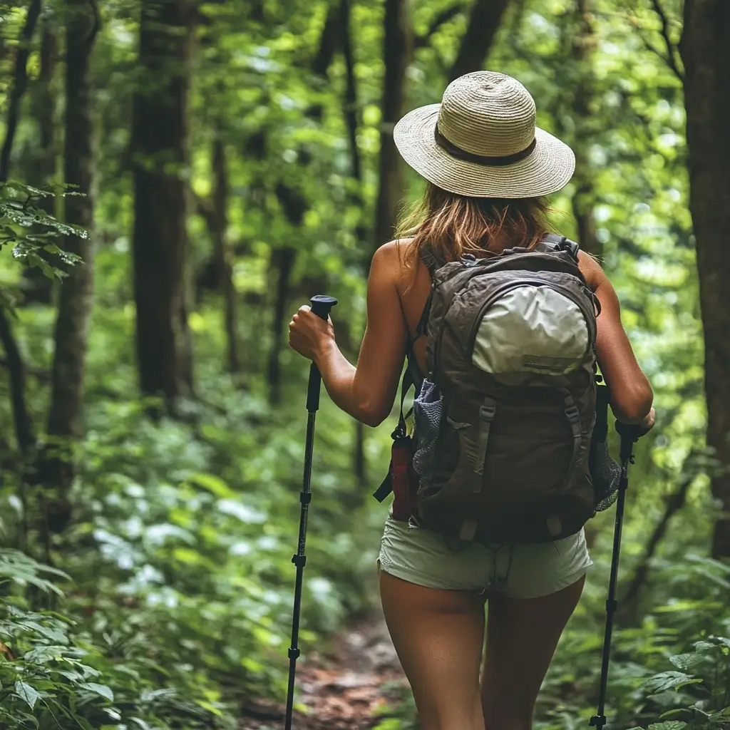 A female hiker trekking through a lush green forest in summer, wearing a moisture-wicking tank top, hiking shorts, breathable hiking shoes, and a sun hat, carrying a lightweight backpack. hiking outfit summer