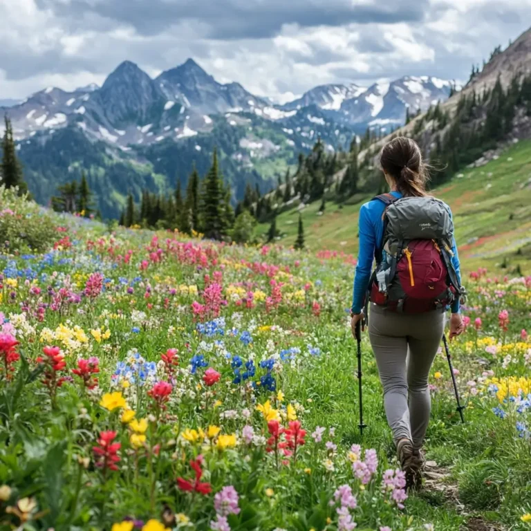 A woman hiking through a vibrant spring meadow, dressed in a breathable long-sleeve hiking shirt and convertible pants, enjoying the fresh mountain air. hiking outfit spring