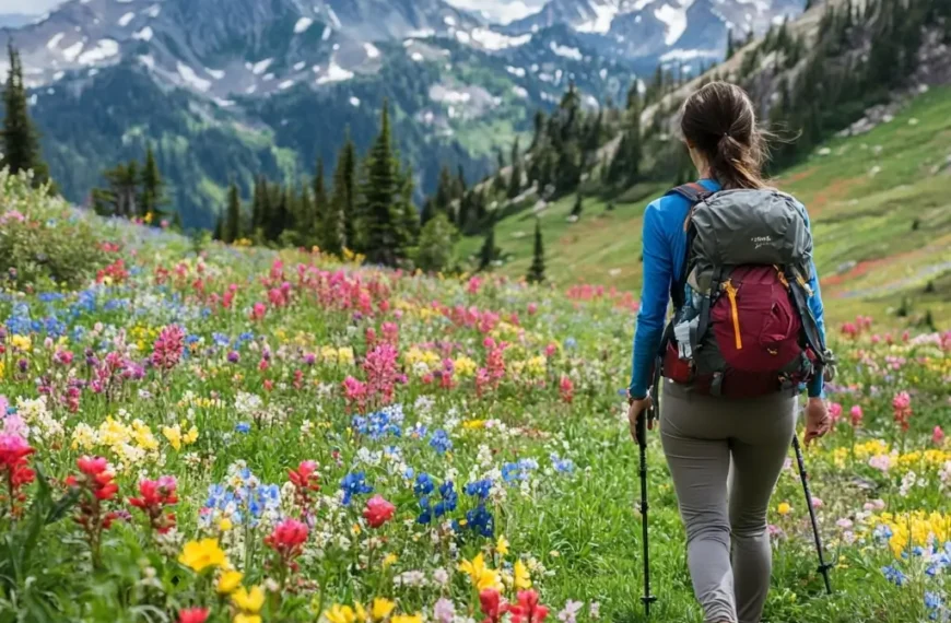 A woman hiking through a vibrant spring meadow, dressed in a breathable long-sleeve hiking shirt and convertible pants, enjoying the fresh mountain air. hiking outfit spring