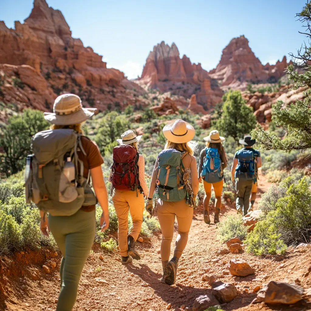 A group of hikers on a desert trail in summer, wearing UPF long-sleeve shirts, lightweight hiking pants, wide-brim hats, and hydration packs, surrounded by red rock formations. hiking outfit summer