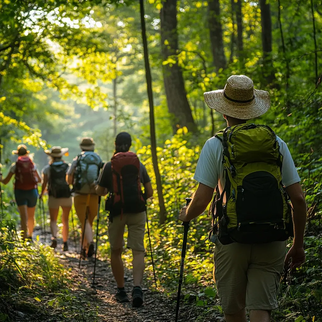 A group of hikers in summer hiking outfits, wearing moisture-wicking shirts and wide-brim hats, trekking through a lush green forest with dappled sunlight.
