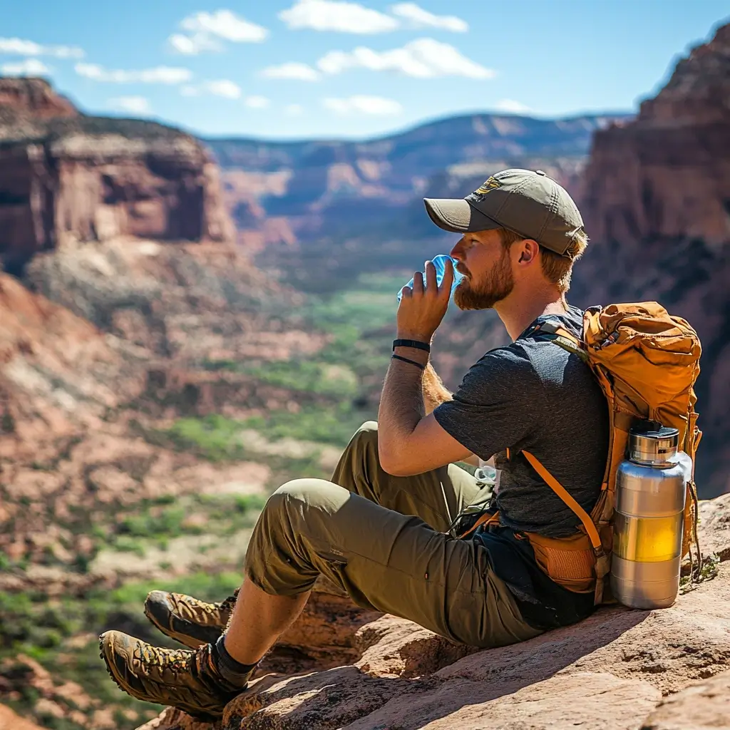 A hiker sitting on a rock with a stunning valley view, dressed in a quick-dry T-shirt, convertible hiking pants, and a baseball cap, sipping water from a hydration bladder. hiking outfit summer