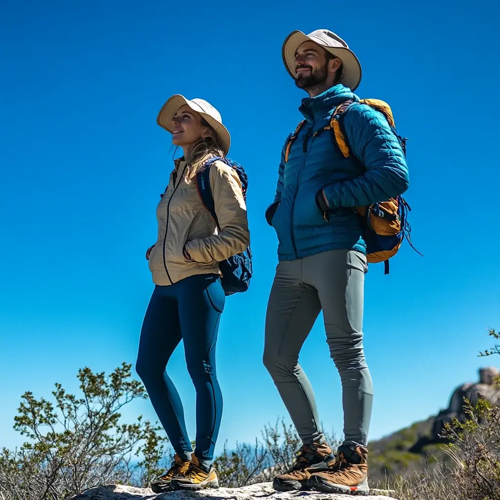 wo hikers admiring a scenic spring view, dressed in moisture-wicking hiking layers and sun-protective hats, ready for a day on the trails. hiking outfit spring