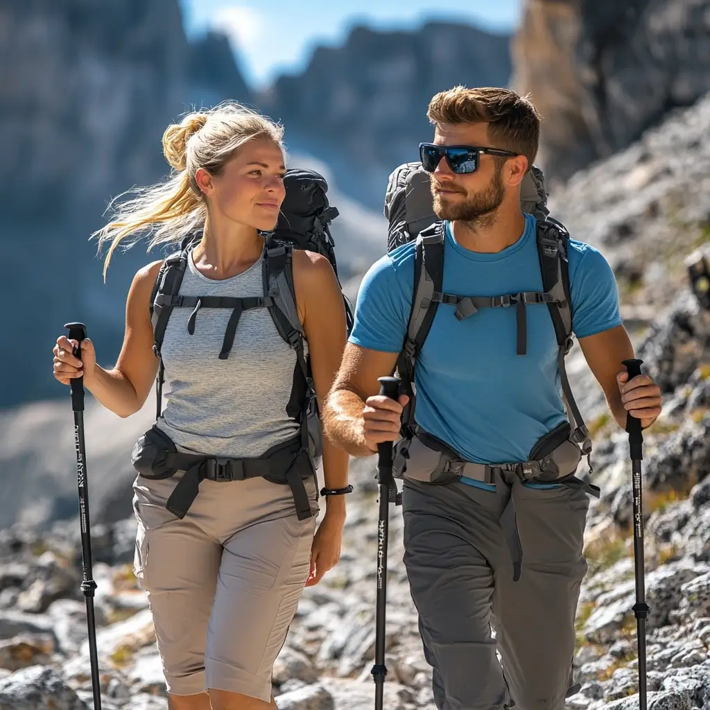 A male and female hiker walking along a rocky mountain trail under the summer sun, both wearing lightweight, quick-dry hiking pants, UPF-rated shirts, and sunglasses, with trekking poles in hand. hiking outfit summer