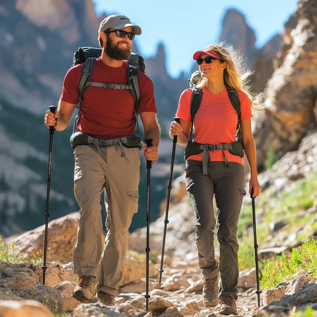 A male and female hiker walking along a rocky mountain trail under the summer sun, both wearing lightweight, quick-dry hiking pants, UPF-rated shirts, and sunglasses, with trekking poles in hand. hiking outfit summer
