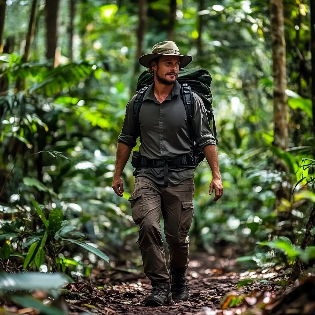 A man trekking through a lush forest in a rugged hiking boots outfit, complete with cargo pants, a moisture-wicking shirt, and a wide-brim hat.