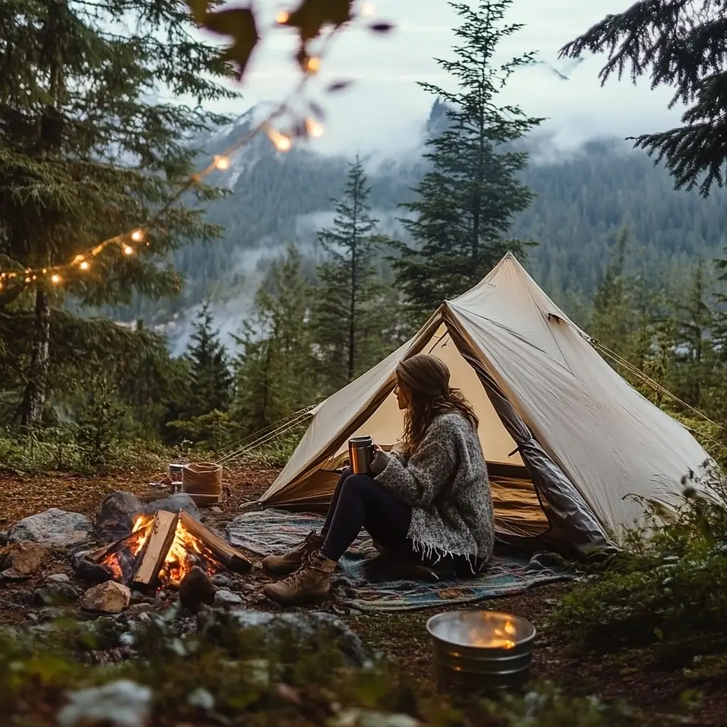 A cozy campsite at sunrise featuring a pitched tent, a camper in a fleece jacket and hiking boots sipping coffee, with a campfire and misty mountains in the background. camping outfits