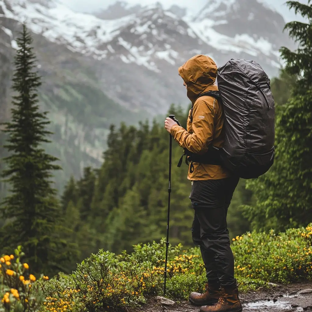 A camper in a waterproof jacket and hiking pants, preparing for a trail hike in a mountain landscape, with a backpack and rugged boots. camping outfits