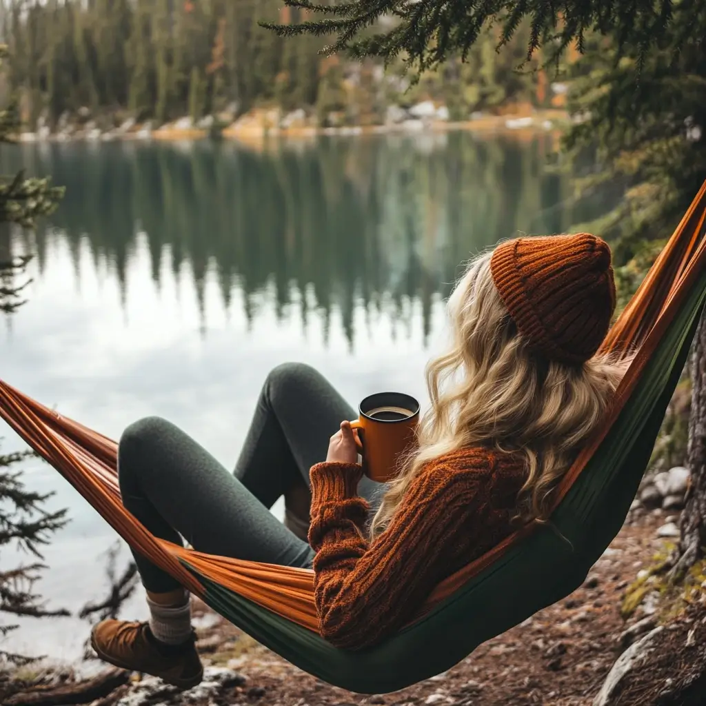 A camper relaxing in a hammock by a lake, dressed in comfortable joggers and a thermal shirt, sipping coffee in a cozy outdoor setting. camping outfits
