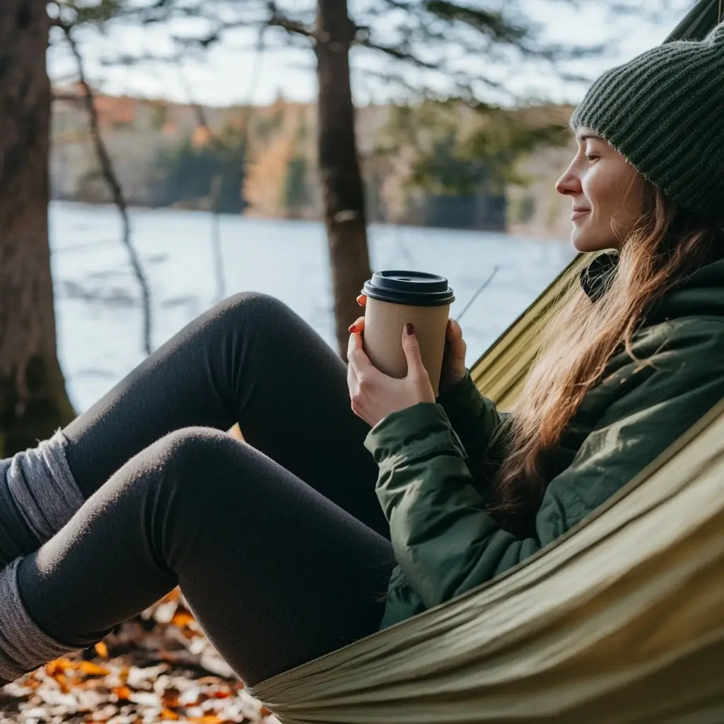 A camper relaxing in a hammock by a lake, dressed in comfortable joggers and a thermal shirt, sipping coffee in a cozy outdoor setting. camping outfits