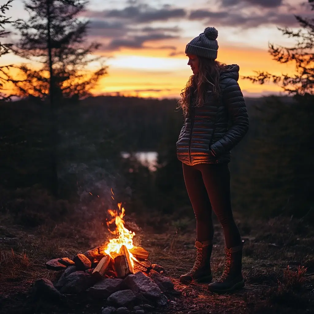 A woman in a stylish and practical camping outfit, standing by a campfire, wearing hiking leggings, a fleece jacket, and waterproof boots in a forest setting. camping outfits