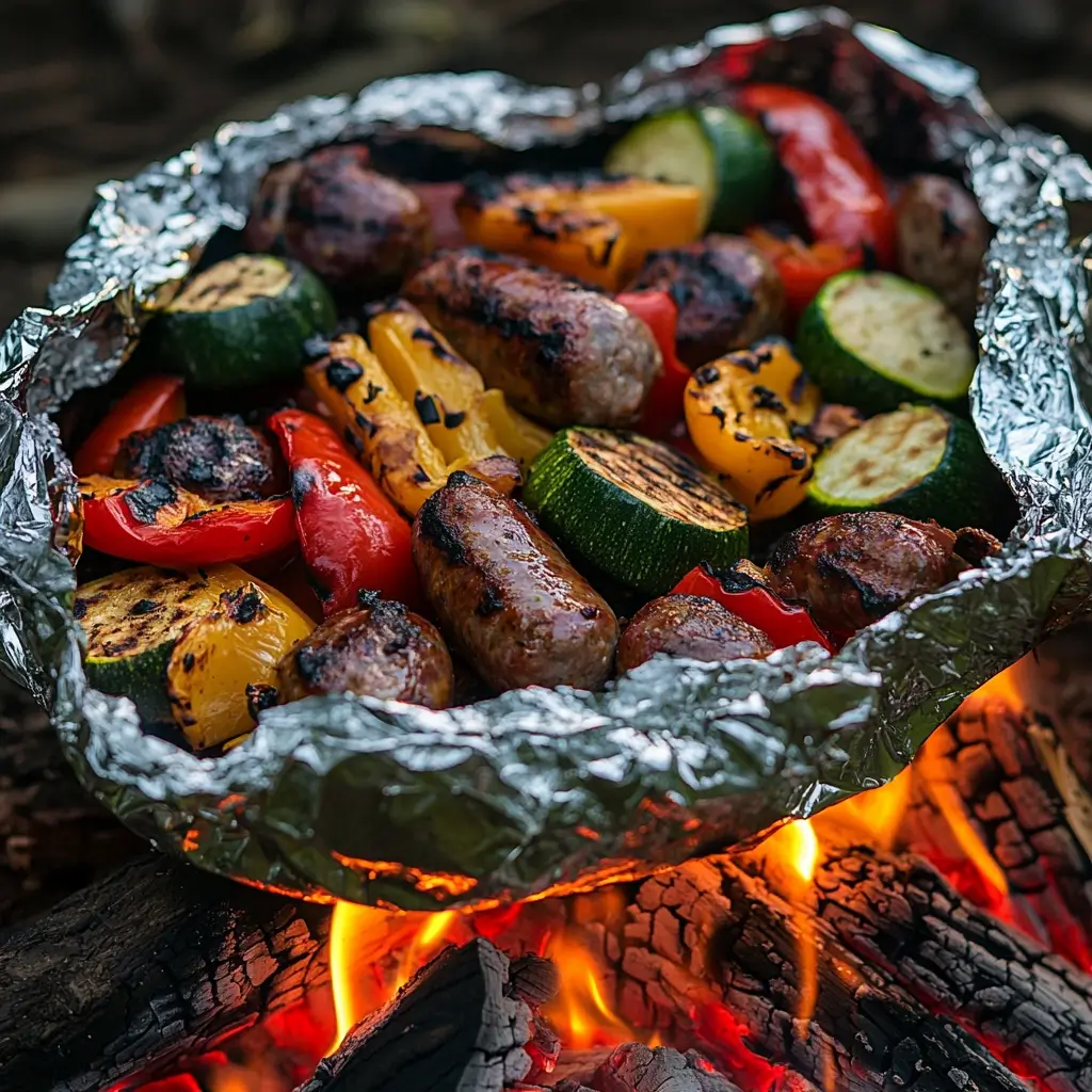 Foil-wrapped camping meal of sausage and veggies grilling over a campfire.