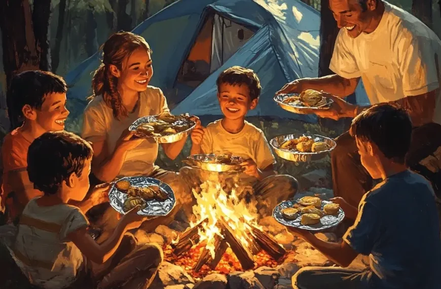Family eating foil-pack camping meals together around a campfire at sunset.