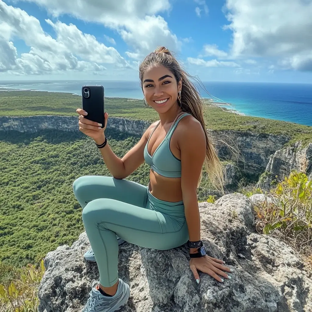Woman in coordinated summer hiking outfit posing for a selfie at a scenic lookout.