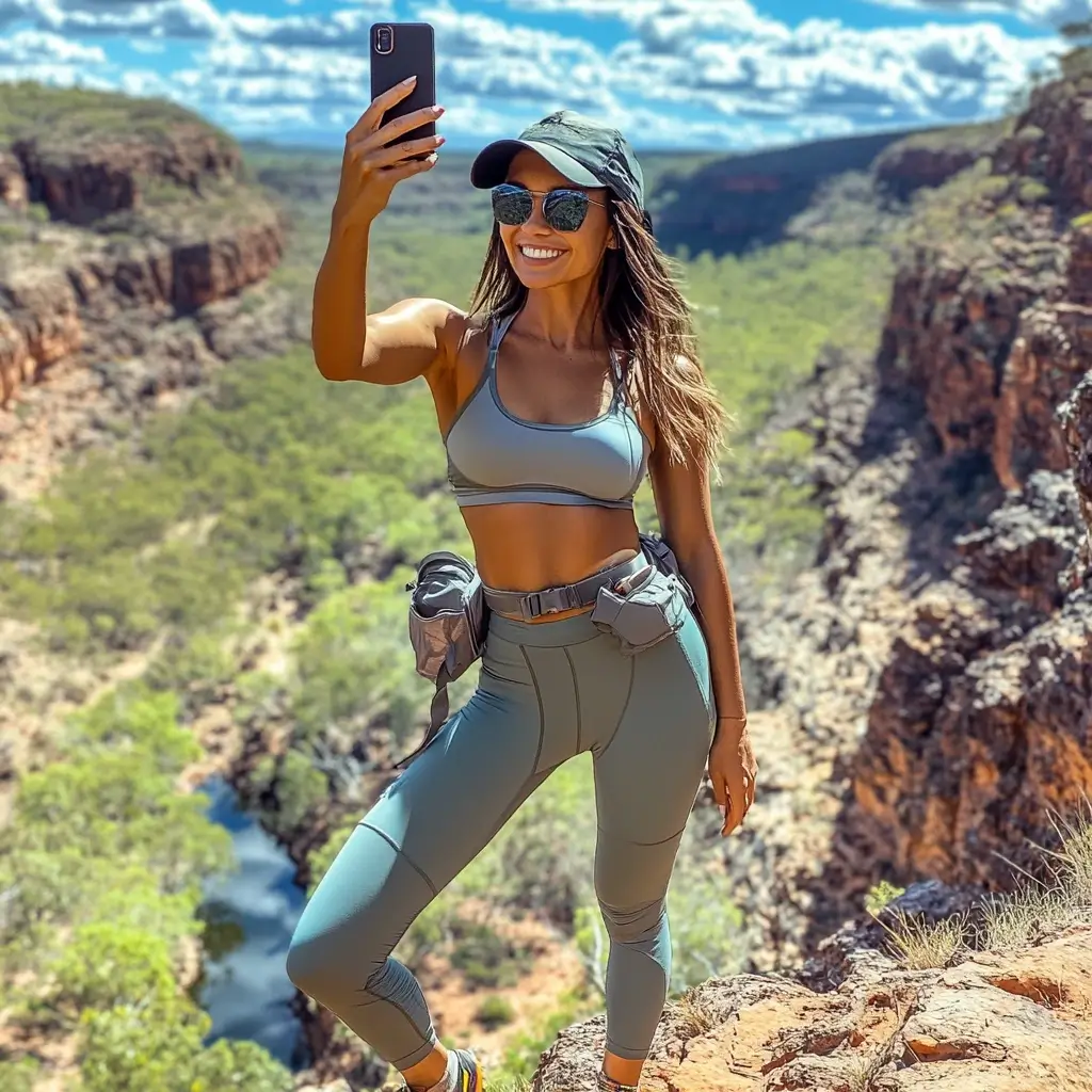Woman in coordinated summer hiking outfit posing for a selfie at a scenic lookout.