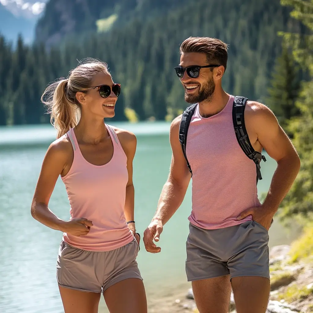 Woman on a summer hiking date wearing a stylish and cute outfit near a scenic lake. cute hiking outfit summer