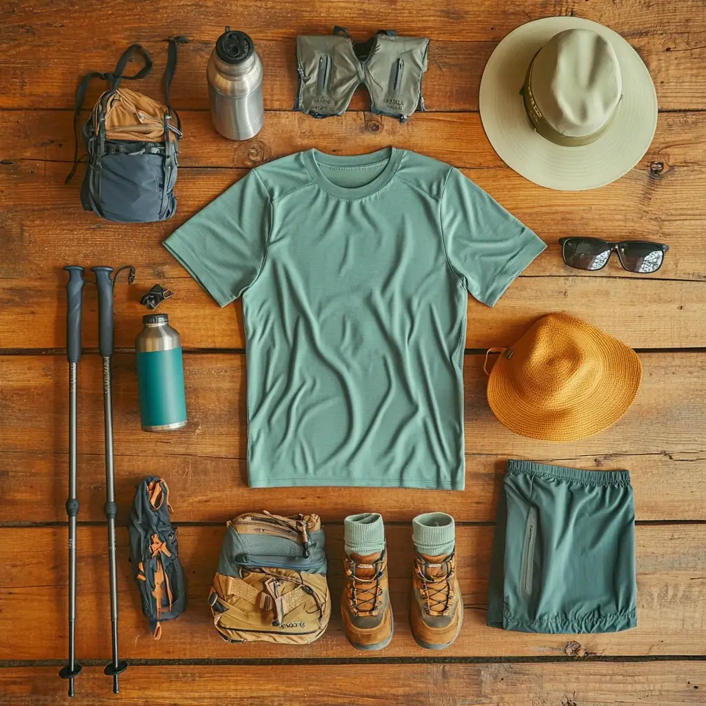 Flat lay of a complete hiking outfit including shorts, shirt, hat, and trail gear.