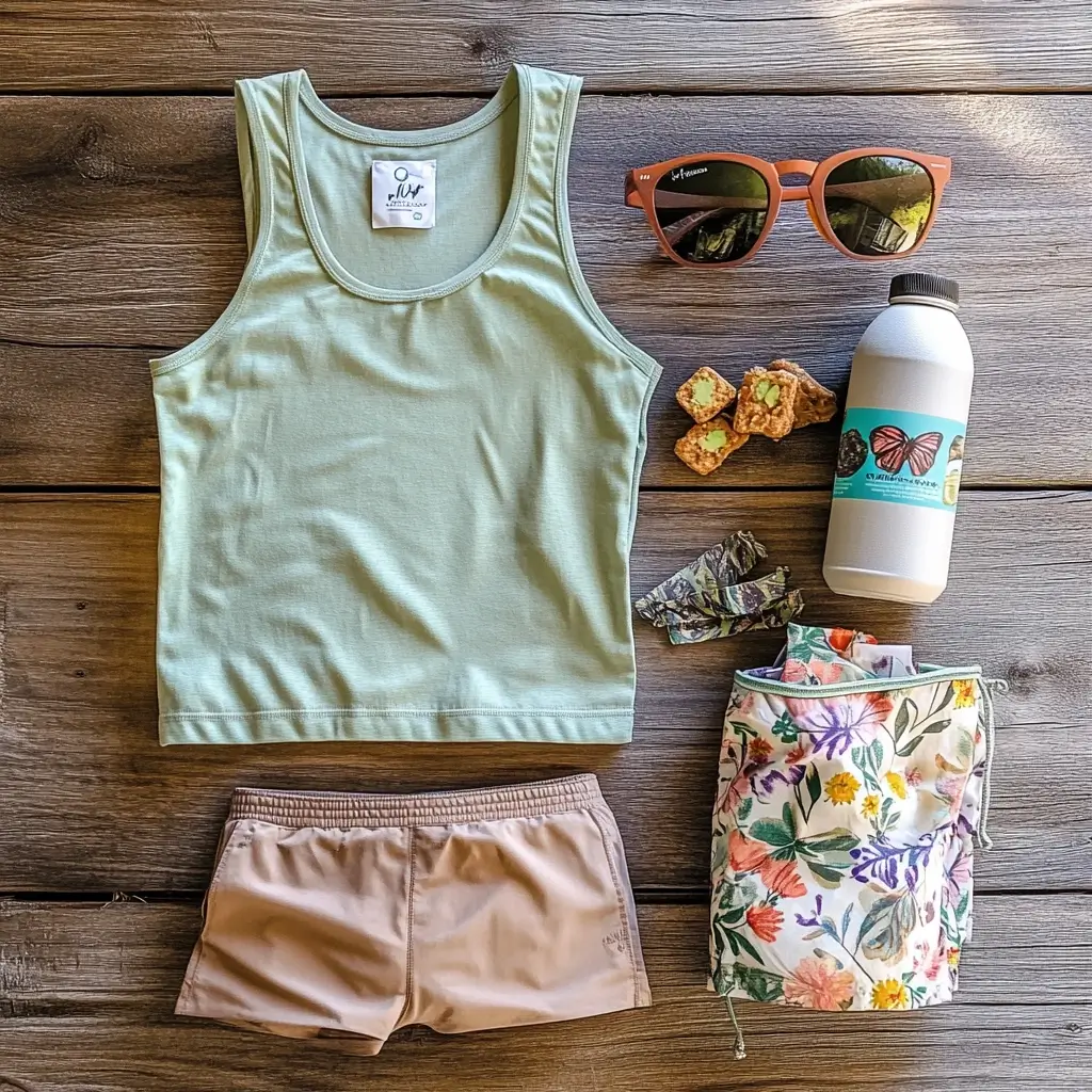 Flat lay of cute summer hiking gear including shorts, top, water bottle, and boots. cute hiking outfit summer