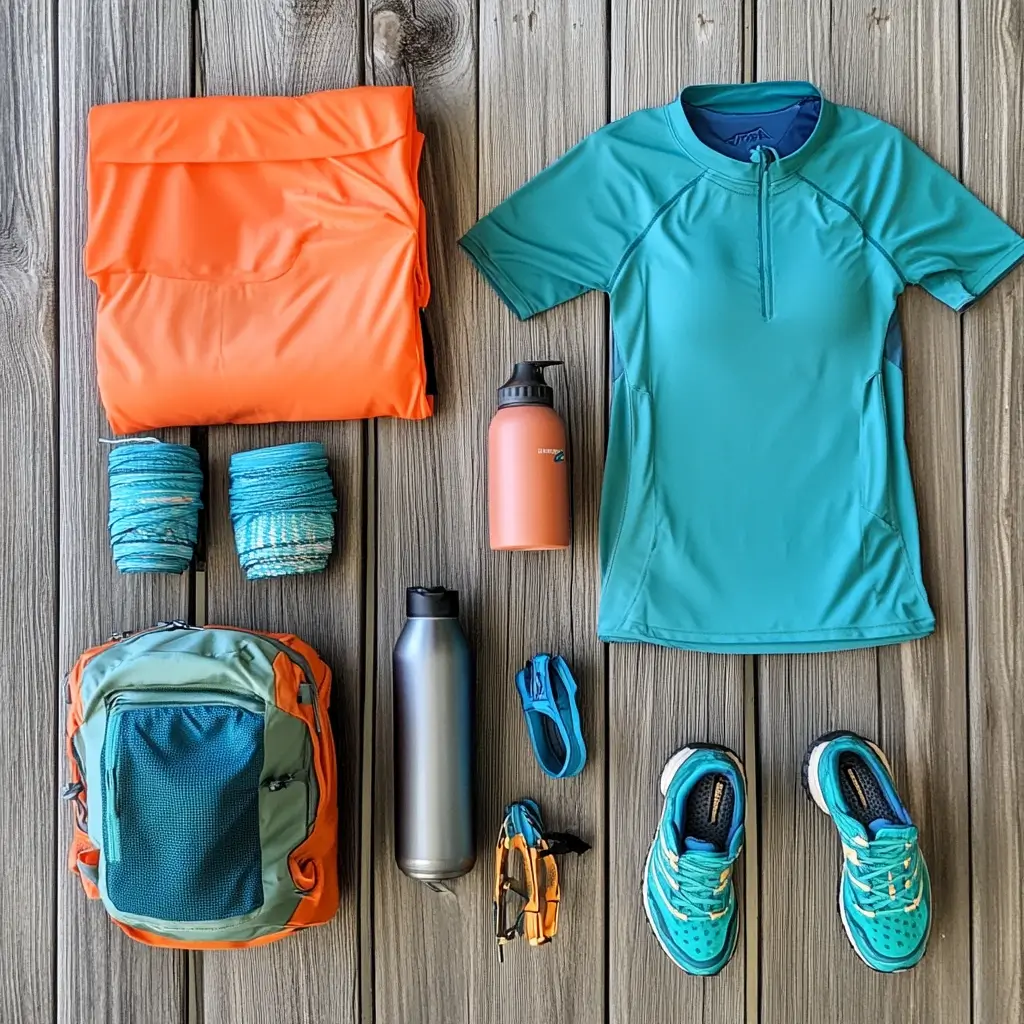 Flat lay of women’s summer hiking gear including clothing, footwear, and essential accessories.