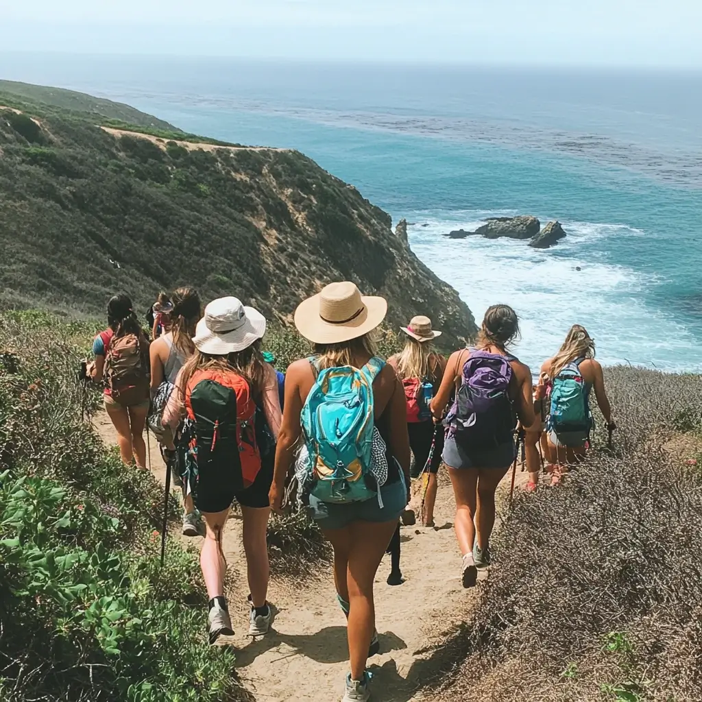 Group of hikers in summer outfits on a coastal trail with ocean views. summer hiking outfit