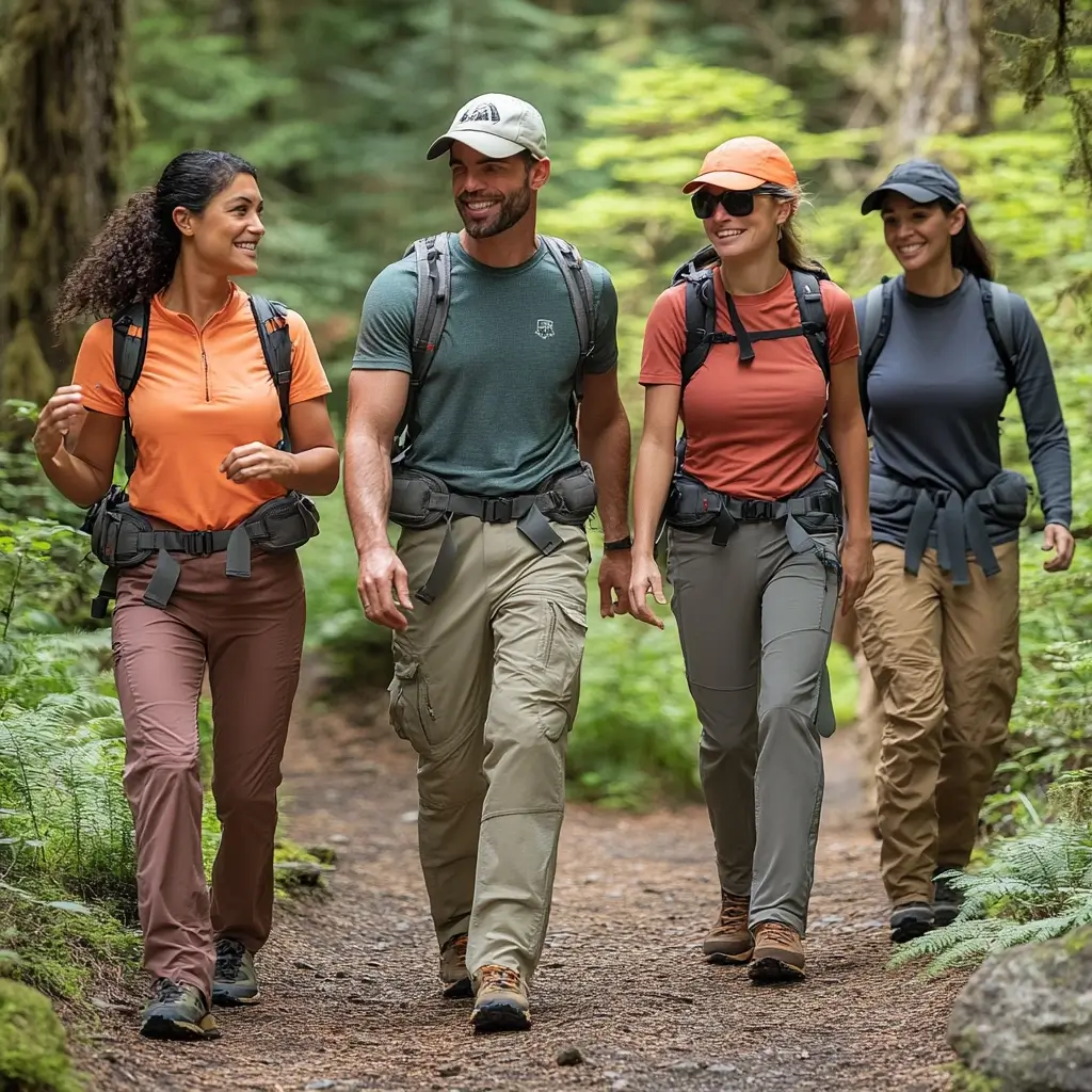 Group of hikers wearing comfortable hiking outfits on a forest trail.