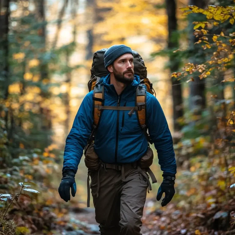 Male hiker in a layered hiking outfit walking through autumn forest.