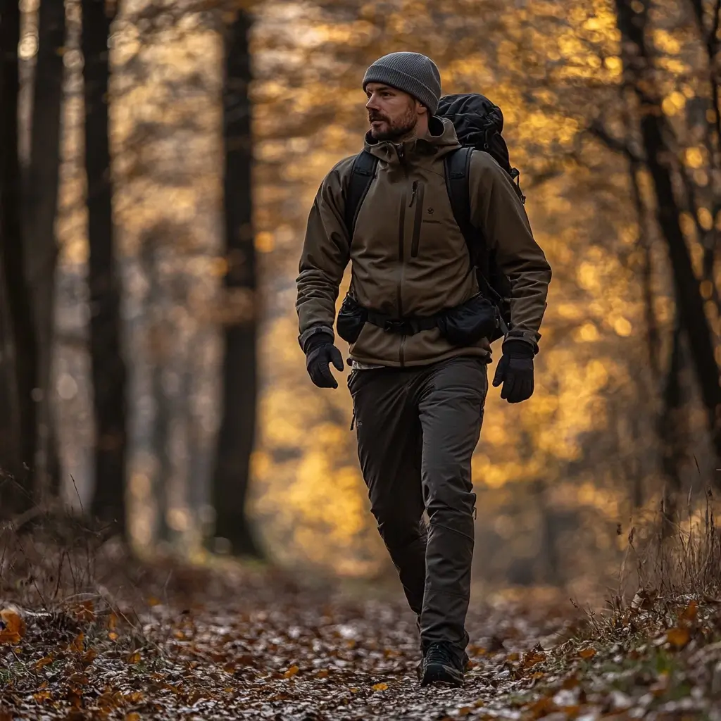 Male hiker in a layered hiking outfit walking through autumn forest.